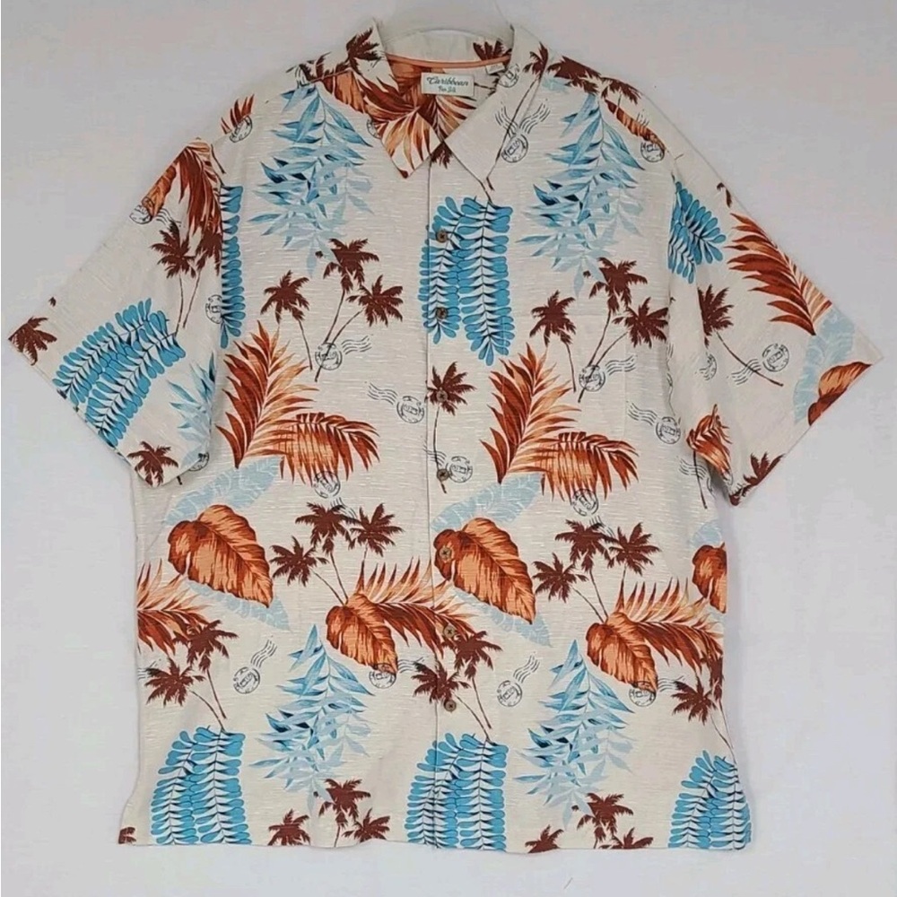 Caribbean Pure Silk Men's Tropical Postcard Palm Tree Camp Shirt - Size Large 🌴